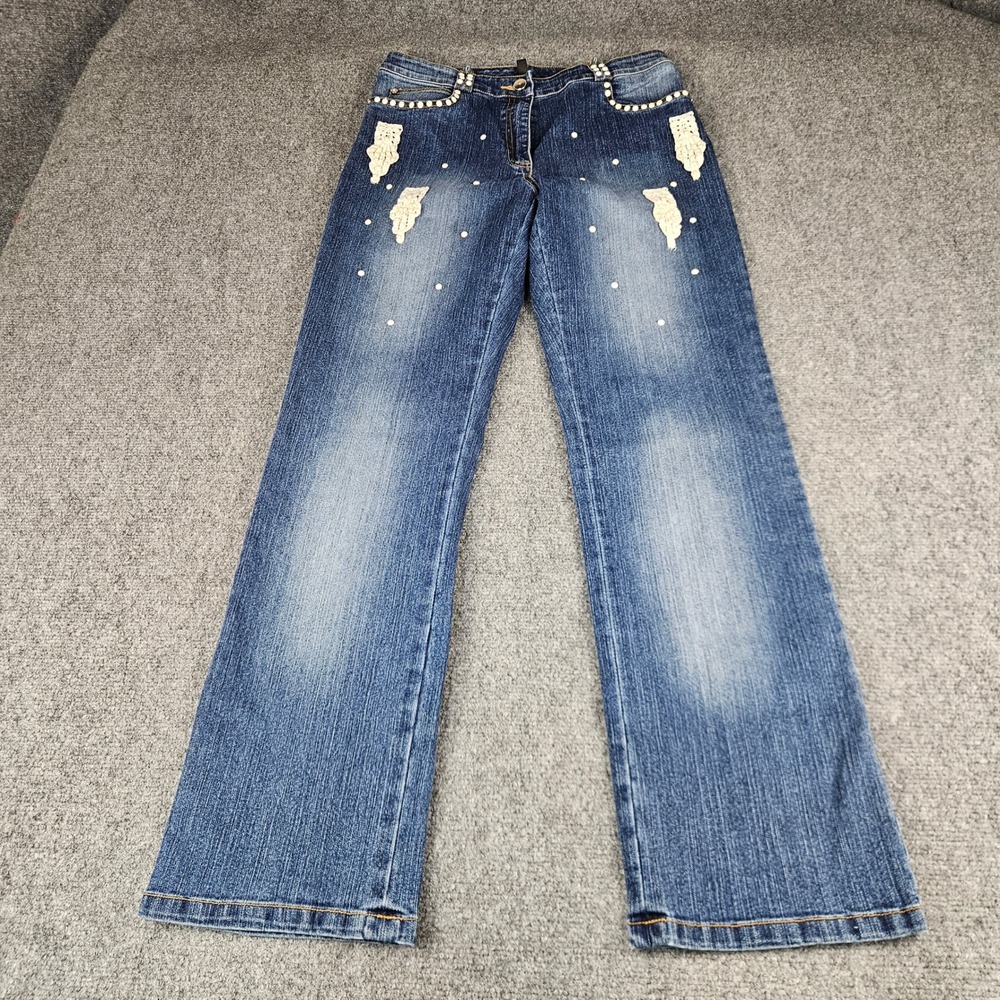 Christine Phillipe Limage Owl Crochet Pearl Embellished Jeans Blue Size 6‎